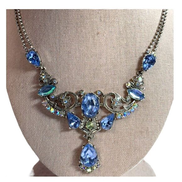 Silver-Tone Necklace Statement Art Deco Style Blue Rhinestones Avon Nina Ricci - Picture 2 of 7
